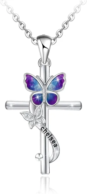 Gemiac Personalized Name Necklace Sterling Silver Cross Necklace with Butterfly Custom Name Plate Necklaces for Women Mother's Day Birthday Jewelry Gift for Women