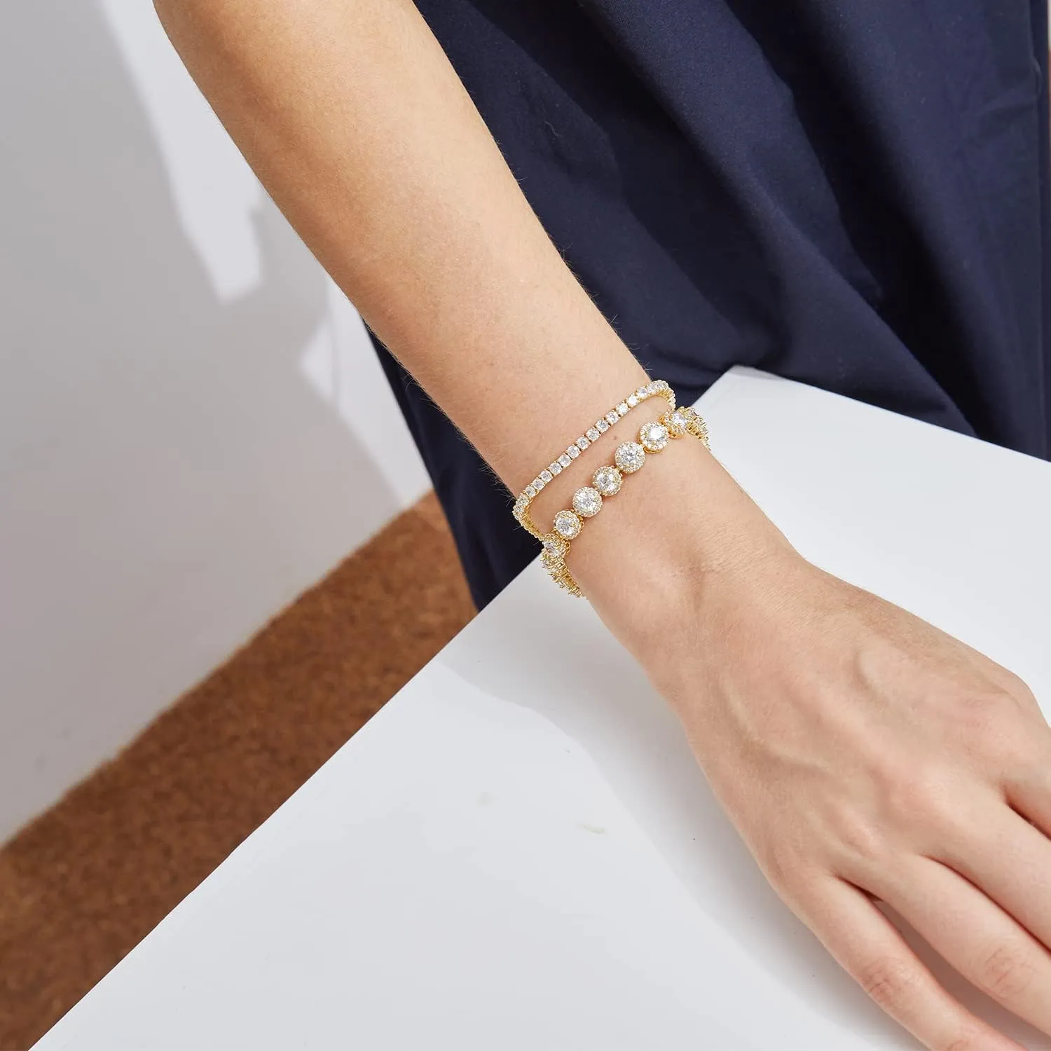 Gemsme Tennis Bracelet for Women 1 Row 18K Yellow Gold/White Gold Plated 5mm Round Cubic Zirconia Bracelets 6.5-8.5 inch