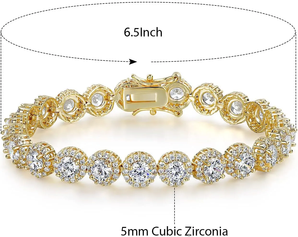Gemsme Tennis Bracelet for Women 1 Row 18K Yellow Gold/White Gold Plated 5mm Round Cubic Zirconia Bracelets 6.5-8.5 inch
