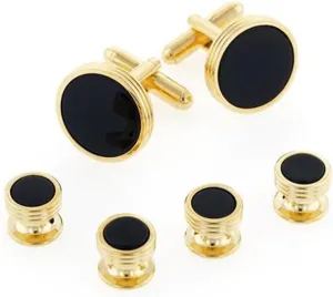 Genuine Onyx Concentric Circles Cufflinks and Studs Set in Gold