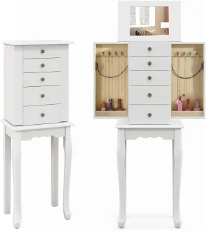 Giantex Jewelry Cabinet Armoire Chest with 4 Drawers, Flip Top Mirror, Top Storage Compartments, 2 Side Doors with 8 Necklace Hooks, 2 Shelves, White Standing Jewelry Organizer Box for Girls Gift