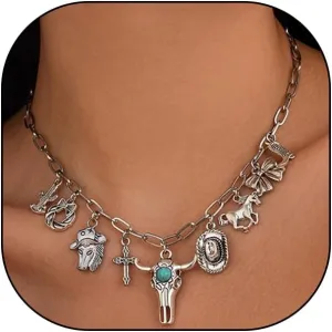 GIGB PBDK Boho Necklaces for Women Western Cross Cactus Turquoise Choker Necklace Adjustable Vintage Bow Cow Chain Necklace Country Concert Outfits Jewelry Gift