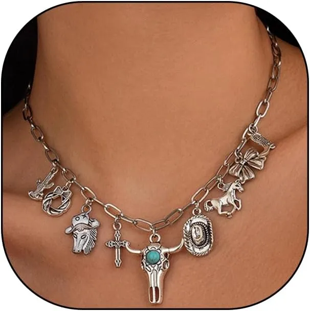 GIGB PBDK Boho Necklaces for Women Western Cross Cactus Turquoise Choker Necklace Adjustable Vintage Bow Cow Chain Necklace Country Concert Outfits Jewelry Gift