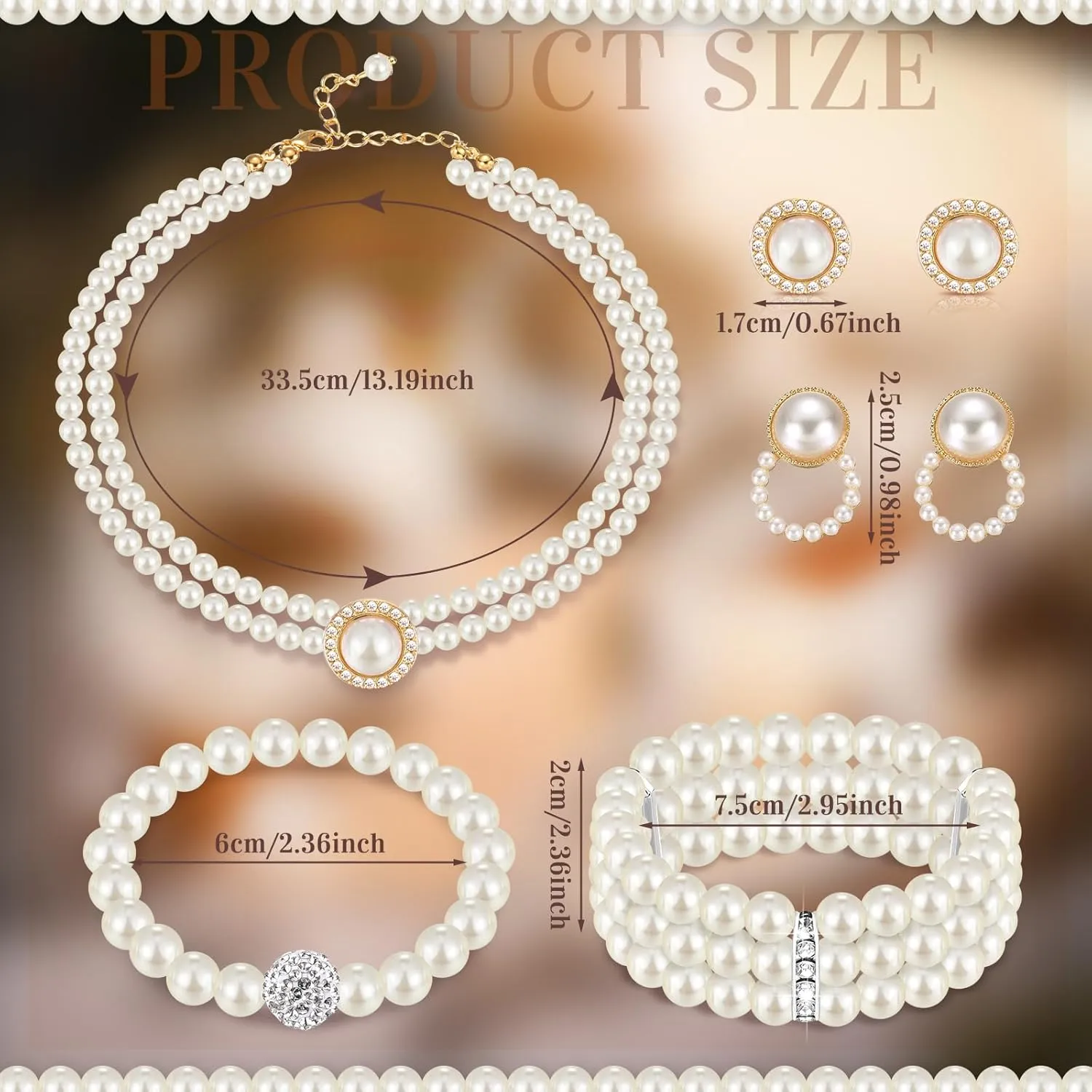 Glenmal Pearl Rhinestone Jewelry Set for Women Pearl Necklace Bracelet Earrings for Wedding Birthday Bridal Shower Tea Party