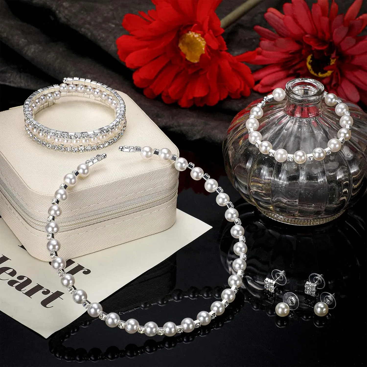 Glenmal Pearl Rhinestone Jewelry Set for Women Pearl Necklace Bracelet Earrings for Wedding Birthday Bridal Shower Tea Party