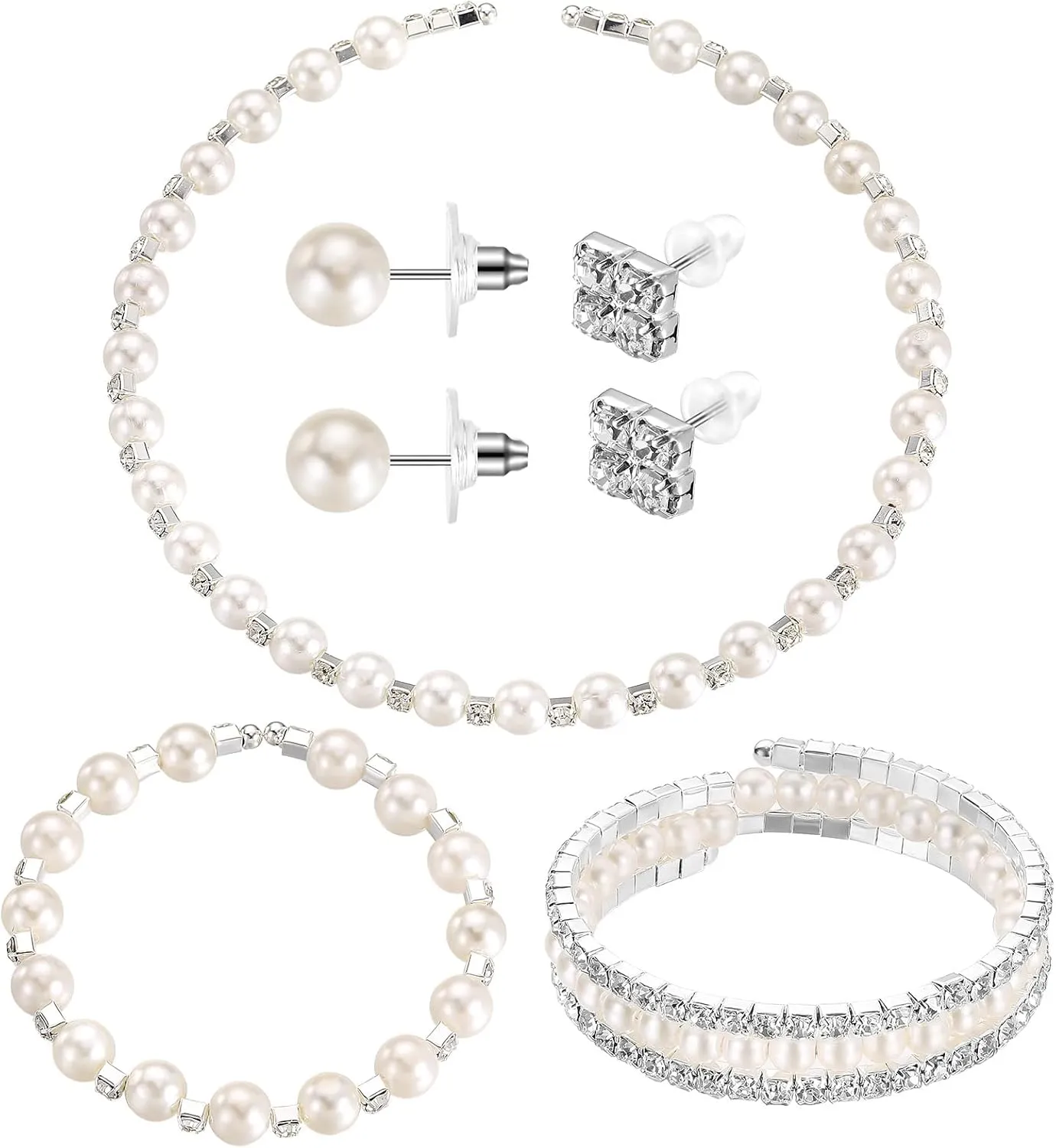Glenmal Pearl Rhinestone Jewelry Set for Women Pearl Necklace Bracelet Earrings for Wedding Birthday Bridal Shower Tea Party