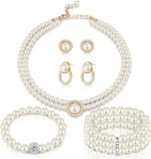 Glenmal Pearl Rhinestone Jewelry Set for Women Pearl Necklace Bracelet Earrings for Wedding Birthday Bridal Shower Tea Party