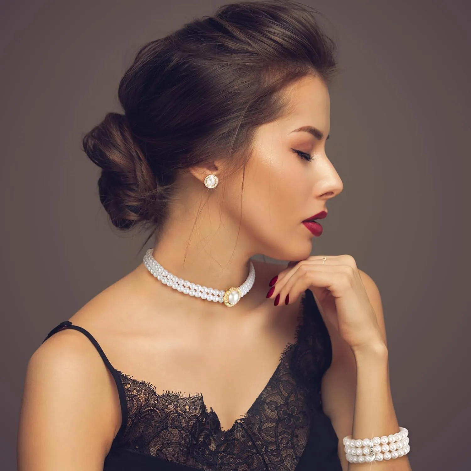 Glenmal Pearl Rhinestone Jewelry Set for Women Pearl Necklace Bracelet Earrings for Wedding Birthday Bridal Shower Tea Party