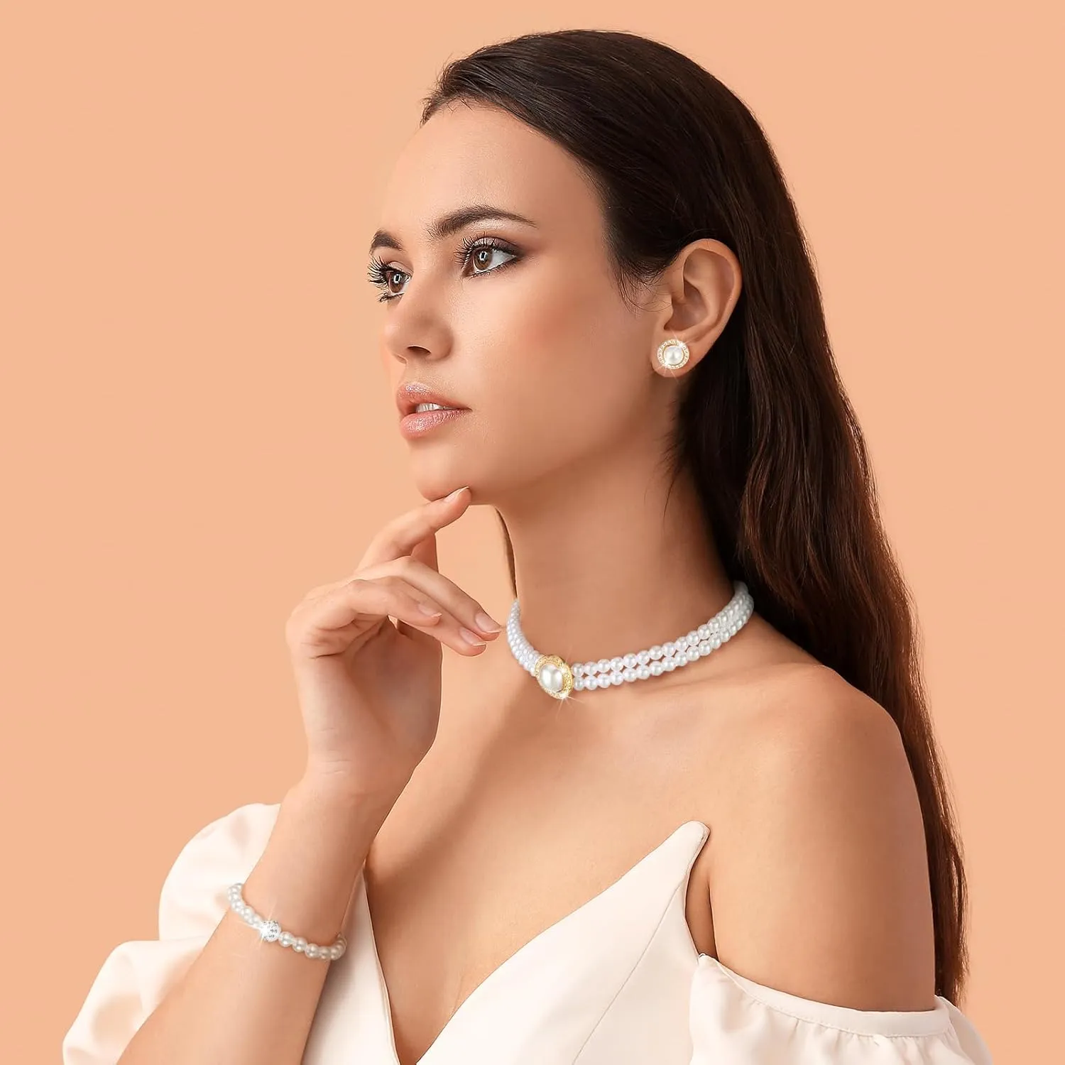 Glenmal Pearl Rhinestone Jewelry Set for Women Pearl Necklace Bracelet Earrings for Wedding Birthday Bridal Shower Tea Party