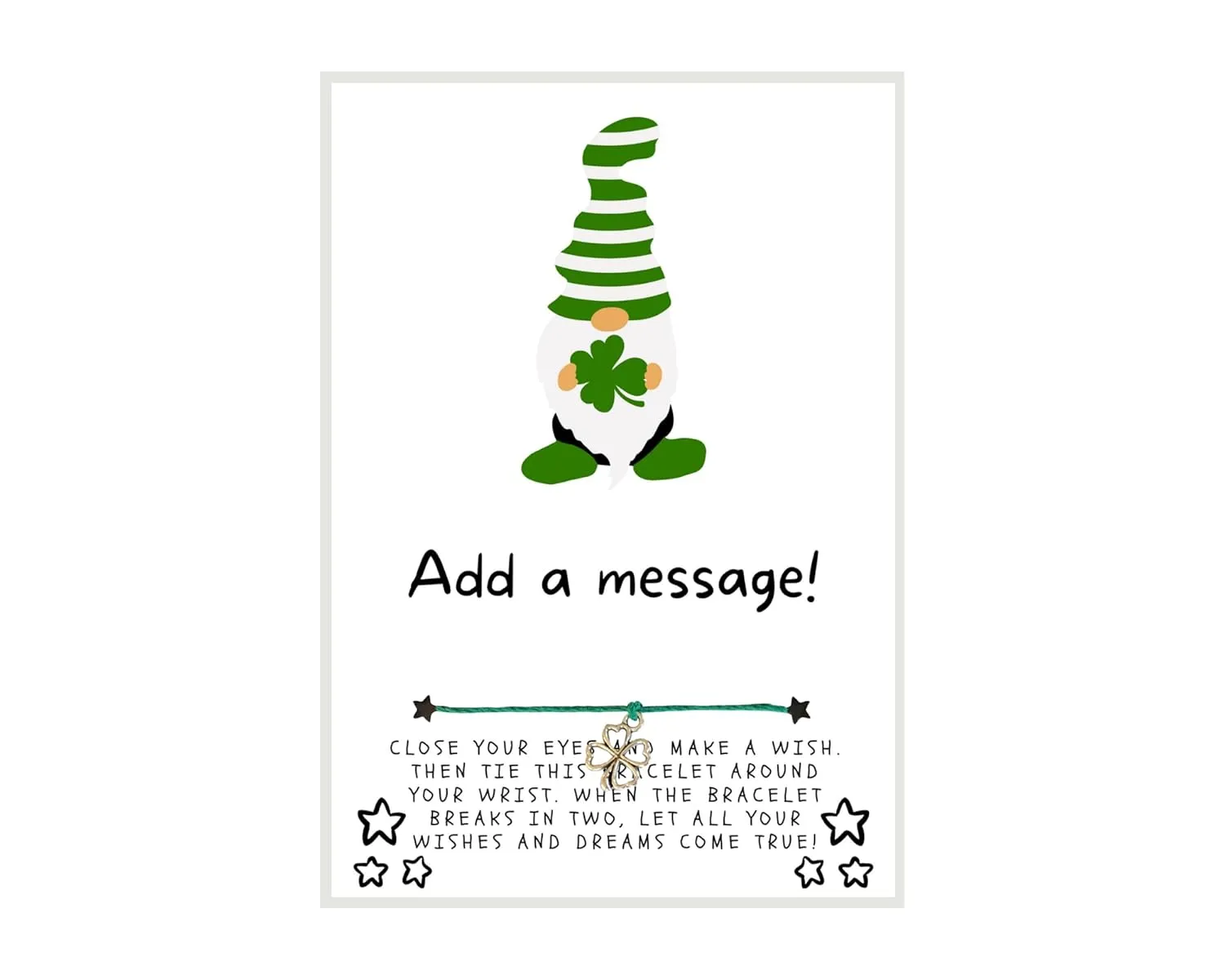 Gnome with Shamrock St. Patrick's Day Wish, Wish Bracelet, Holiday Party Favor, Thank You, St. Patrick's Day WIsh Bracelet, Co-Worker Gift, Friendship Wish Bracelet - Personalize Card