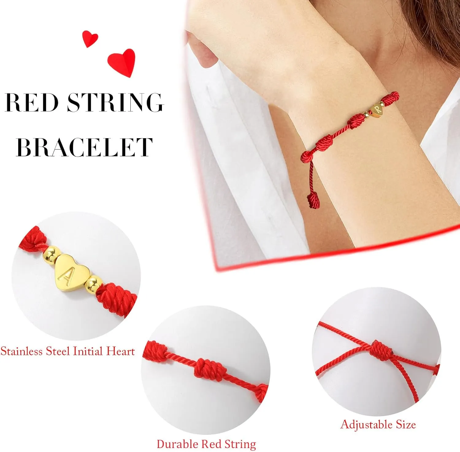 GolbalJew Red String Bracelet for Women Adjustable Gold Heart Initial Bracelets Red Cord Bracelet for Protection and Good Luck, Birthday Christmas Gift