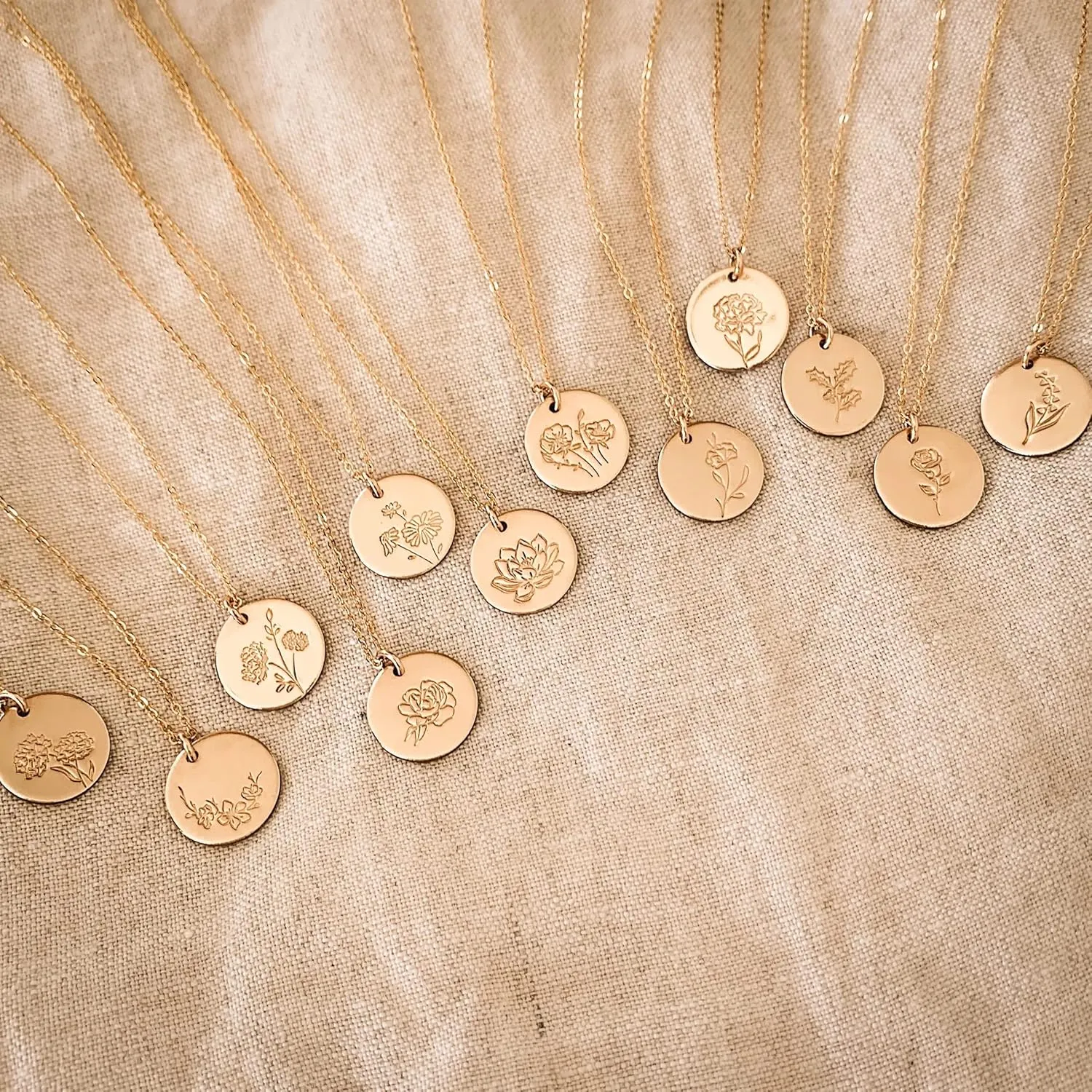 Gold Birth Flower Necklace - Personalized Birthday Mothers Day Gift, Engraved Floral Pendant, Dainty Hand-Stamped Disc Charm Jewelry for Women