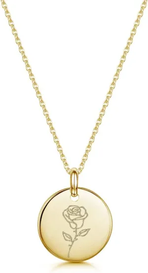 Gold Birth Flower Necklace - Personalized Birthday Mothers Day Gift, Engraved Floral Pendant, Dainty Hand-Stamped Disc Charm Jewelry for Women