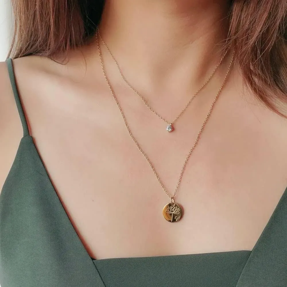 Gold Birth Flower Necklace - Personalized Birthday Mothers Day Gift, Engraved Floral Pendant, Dainty Hand-Stamped Disc Charm Jewelry for Women