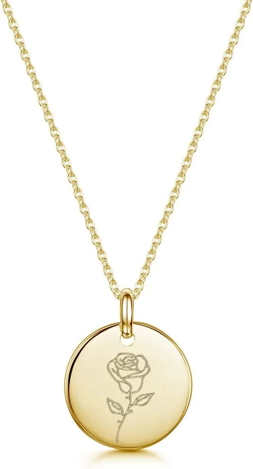 Gold Birth Flower Necklace - Personalized Birthday Mothers Day Gift, Engraved Floral Pendant, Dainty Hand-Stamped Disc Charm Jewelry for Women