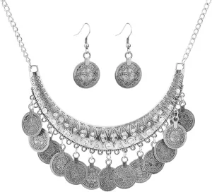 Gold Boho Coins Necklace Earrings Set Chunky Coin Tassel Ethnic Gypsy Statement Jewelry Set