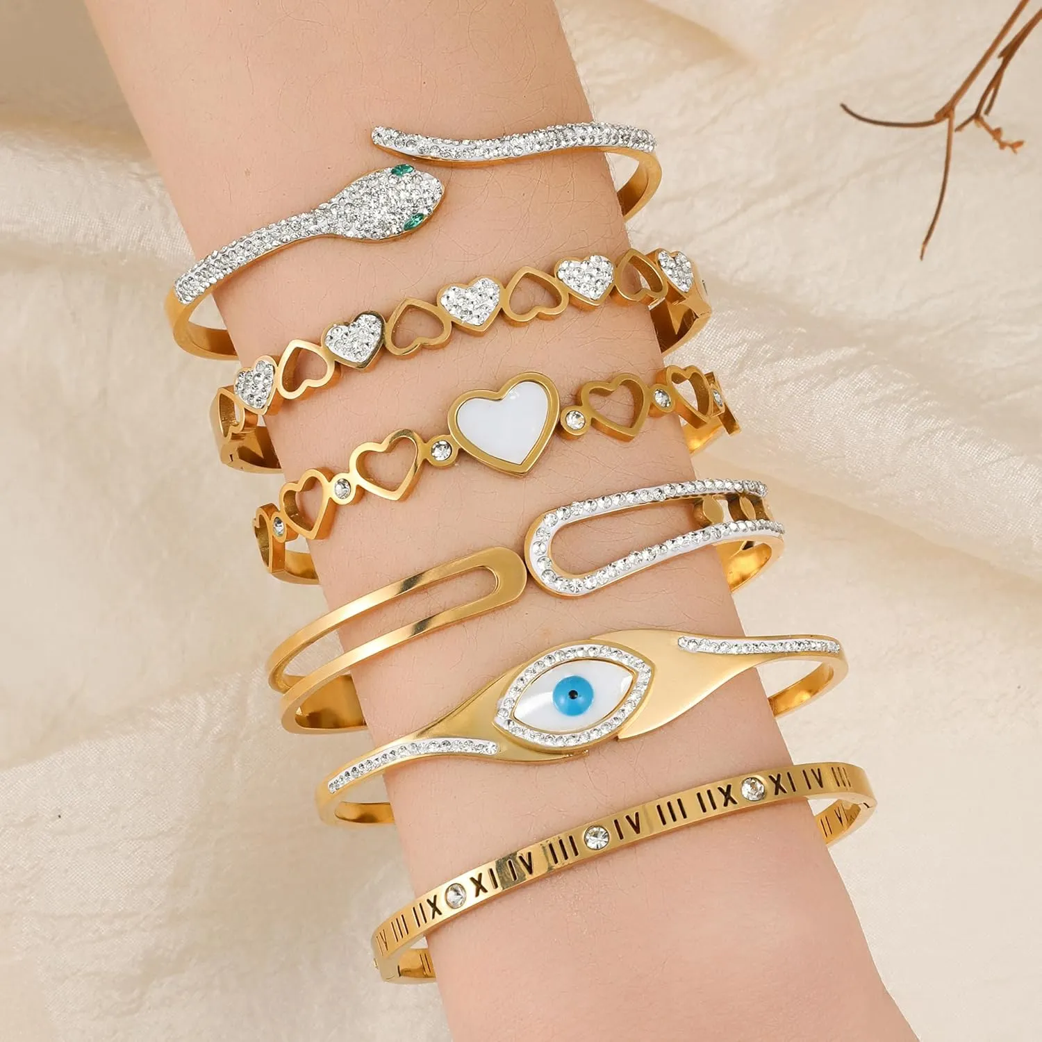 Gold Bracelet for Women, 18K Gold Titanium Steel Butterfly Cross Clover Heart Snake Bracelets Gifts for Women Teen