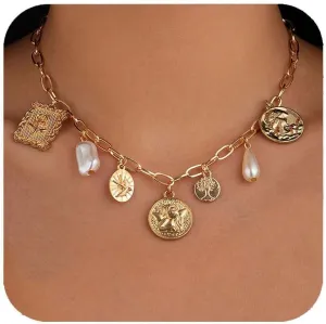 Gold Charm Necklace for Women Chunky Paperclip Chain Choker Necklace Vintage Pearl Portrait Coin Square Pendant Necklaces Boho Summer Beach Charm Jewelry
