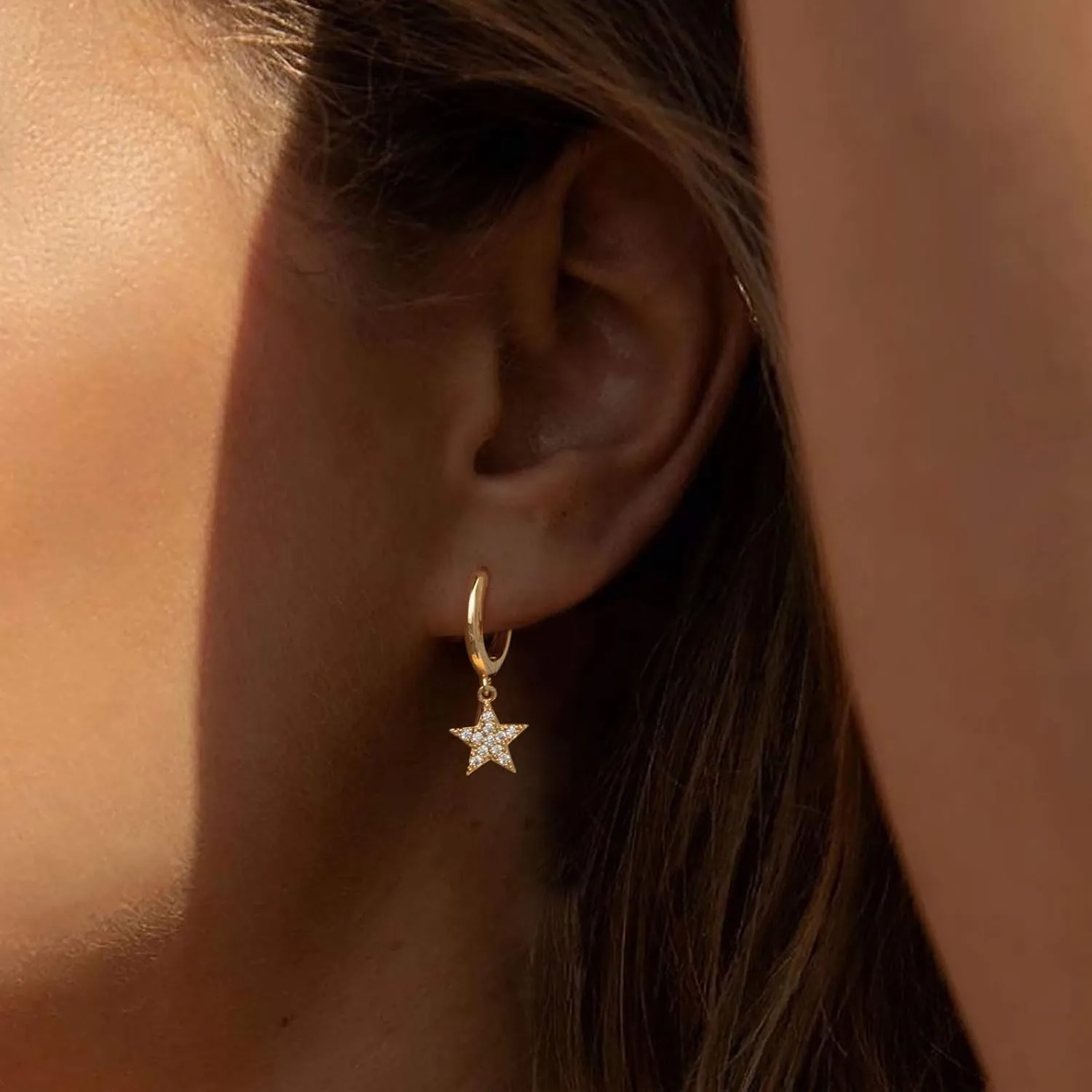 Gold Dainty Dangle Hoop Earrings for Women Small Huggie Hoop with Cubic Zirconia Cute Star Heart Butterfly 14K Gold Plated Earring Minimalist Jewelry