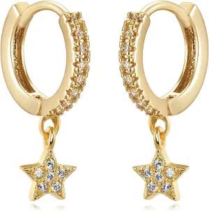 Gold Dainty Dangle Hoop Earrings for Women Small Huggie Hoop with Cubic Zirconia Cute Star Heart Butterfly 14K Gold Plated Earring Minimalist Jewelry