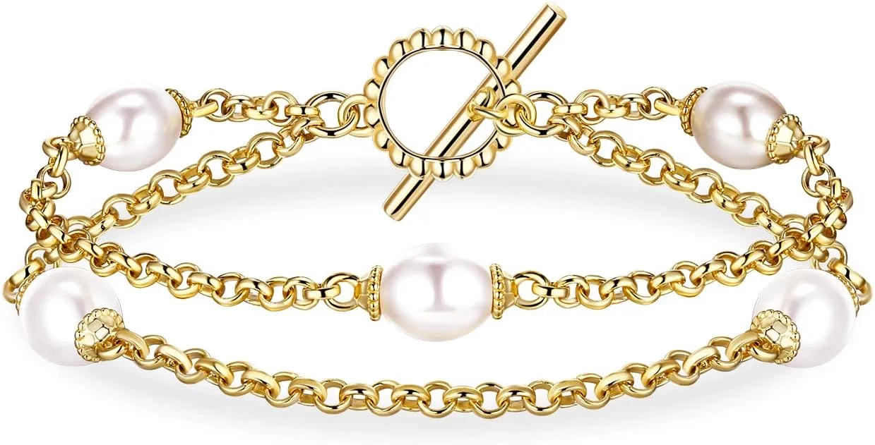 Gold Double Layered Pearl Bracelets for Women, 14K Real Yellow Gold Plated Dainty Pearls Bracelet