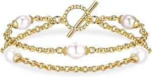Gold Double Layered Pearl Bracelets for Women, 14K Real Yellow Gold Plated Dainty Pearls Bracelet