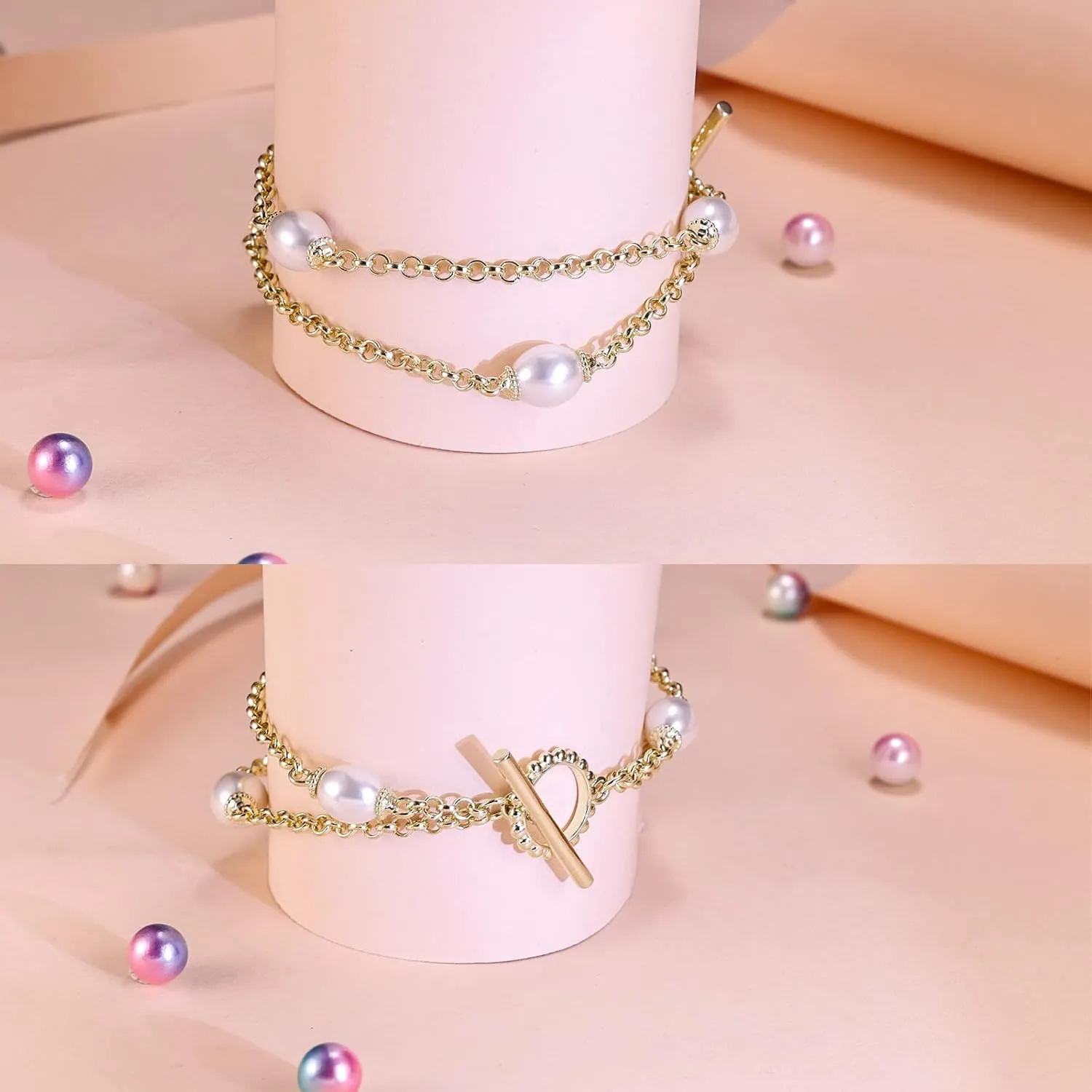 Gold Double Layered Pearl Bracelets for Women, 14K Real Yellow Gold Plated Dainty Pearls Bracelet