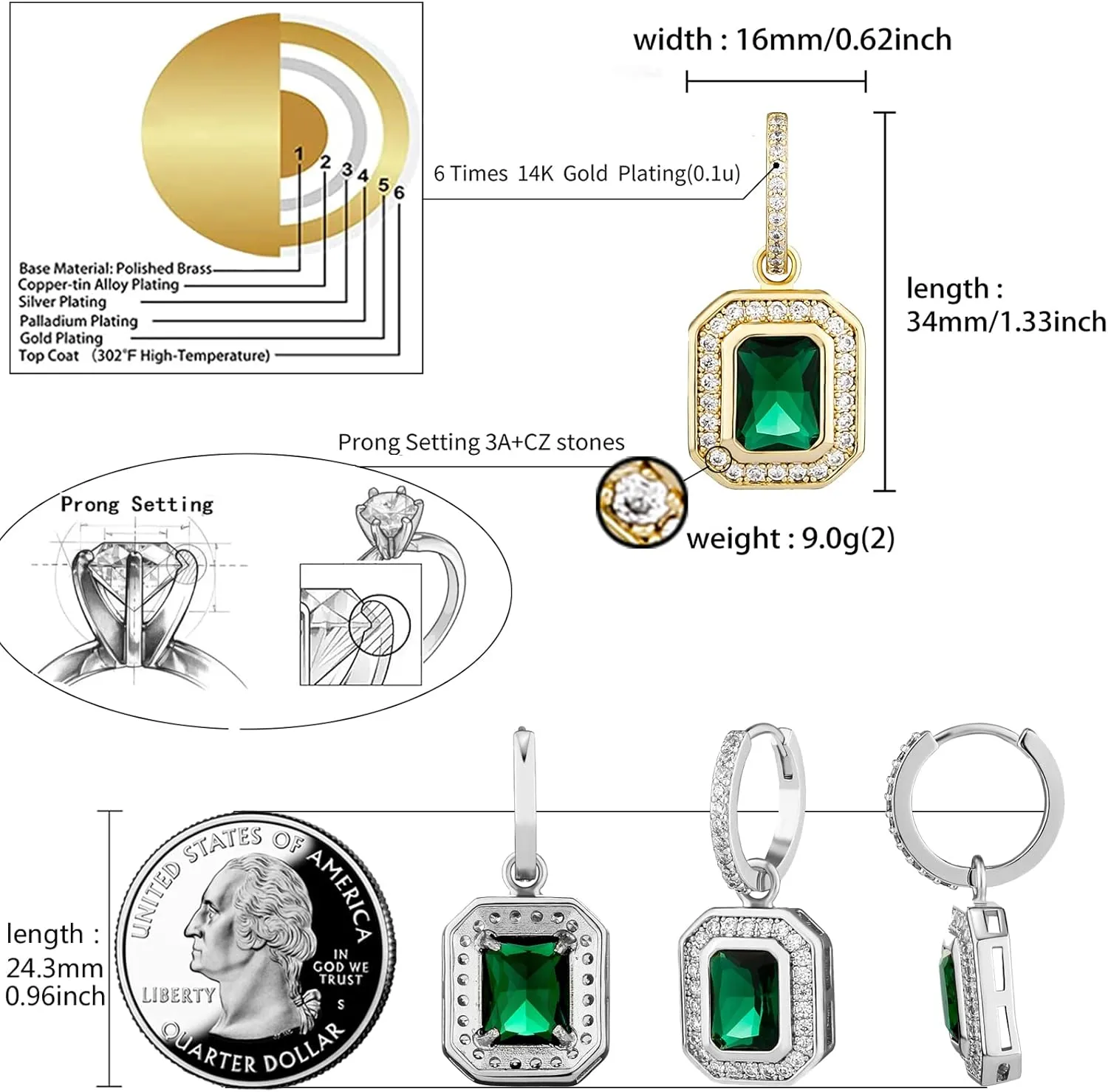 Gold Earrings for Women 18K Gold Plated Silver Drop Earrings Mens CZ Studs Dangle Hypoallergenic Green Emerald Hoop Earrings