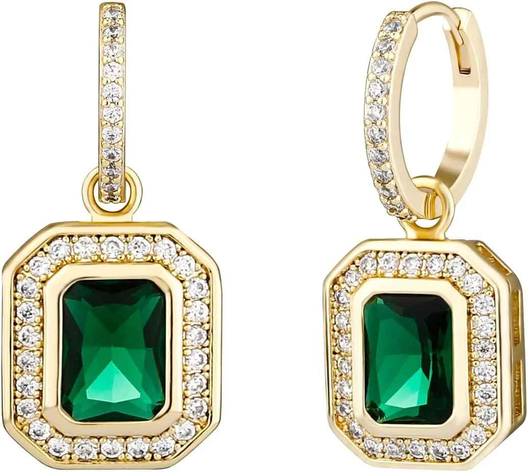 Gold Earrings for Women 18K Gold Plated Silver Drop Earrings Mens CZ Studs Dangle Hypoallergenic Green Emerald Hoop Earrings