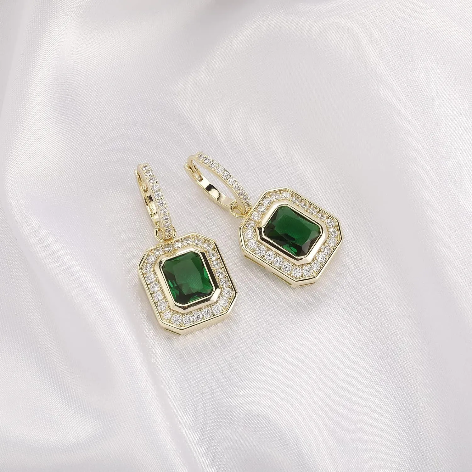 Gold Earrings for Women 18K Gold Plated Silver Drop Earrings Mens CZ Studs Dangle Hypoallergenic Green Emerald Hoop Earrings
