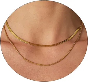 Gold Herringbone Necklace for Women 18k Plated Necklace Flat Snake Gold Necklaces Thin Chunky Chain Necklace Dainty Adjustable Necklace Minimalist Handmade Jewelry Gift
