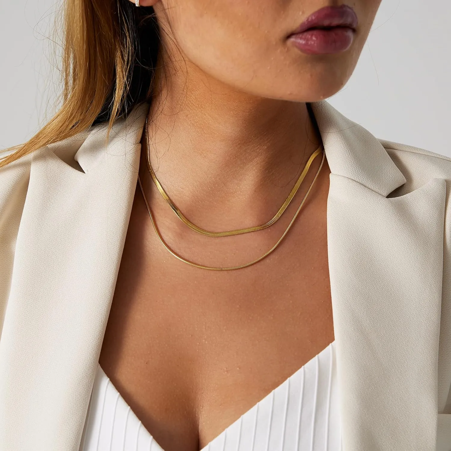 Gold Herringbone Necklace for Women 18k Plated Necklace Flat Snake Gold Necklaces Thin Chunky Chain Necklace Dainty Adjustable Necklace Minimalist Handmade Jewelry Gift