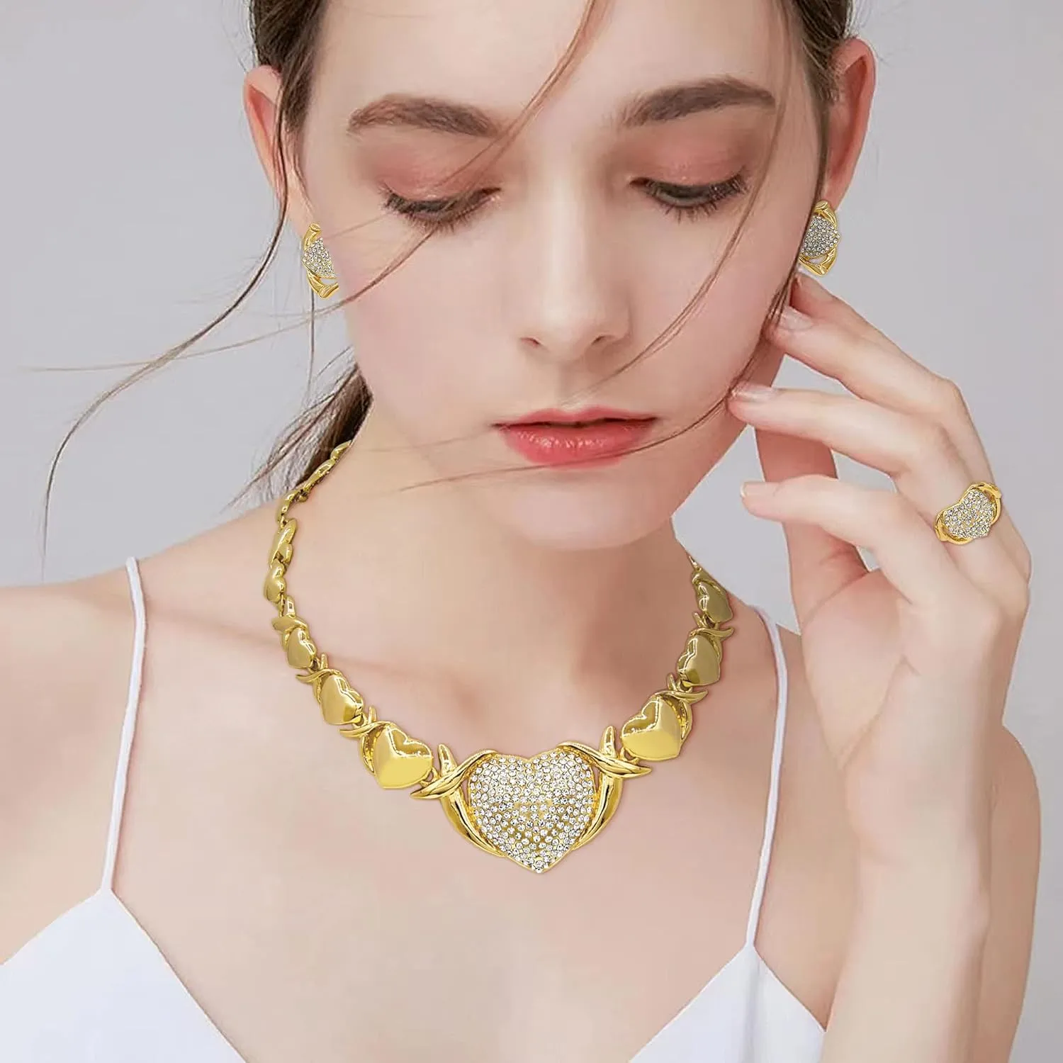 Gold Jewelry Set 18K Gold Accessories for Women Jewelry Set Wedding Bridal Fashion Jewelry Sets Women Accessories Bracelets Earrings and Rings Sweetheart Gifts
