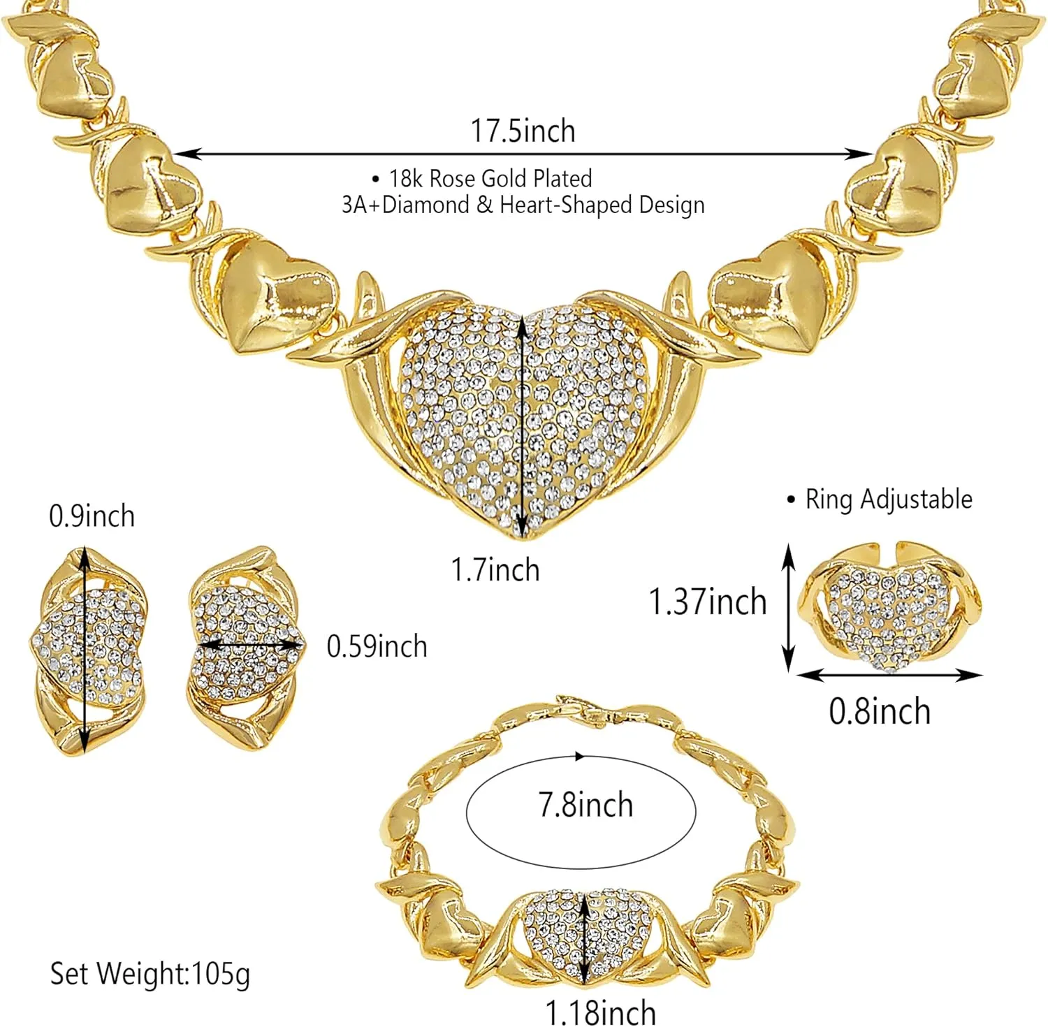 Gold Jewelry Set 18K Gold Accessories for Women Jewelry Set Wedding Bridal Fashion Jewelry Sets Women Accessories Bracelets Earrings and Rings Sweetheart Gifts