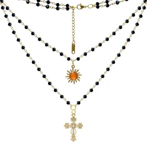 Gold Sun and Cross with Black Beads Layered Necklace, Zincorn Choker Necklace, Gold Bead Necklace, Goth Jewelry