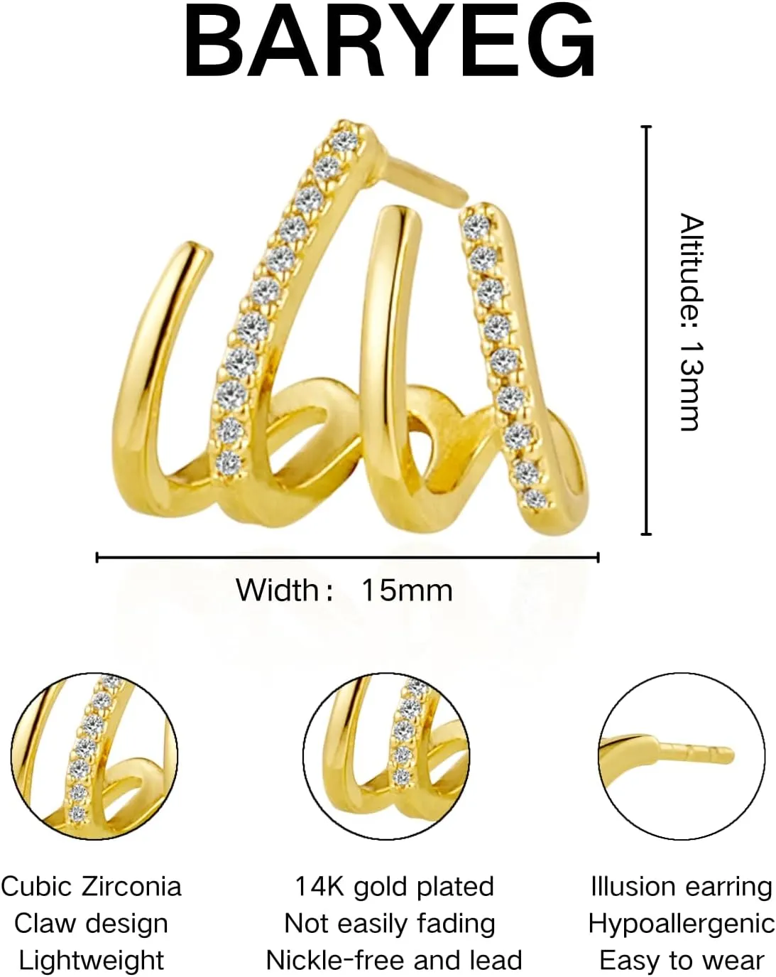 Gold Triple Hoop Illusion Stud Earrings, 14K Chunky Gold Plated Hoop Earrings Cuff Earrings for Women Trendy, Hypoallergenic Earrings Set Jewelry Gift