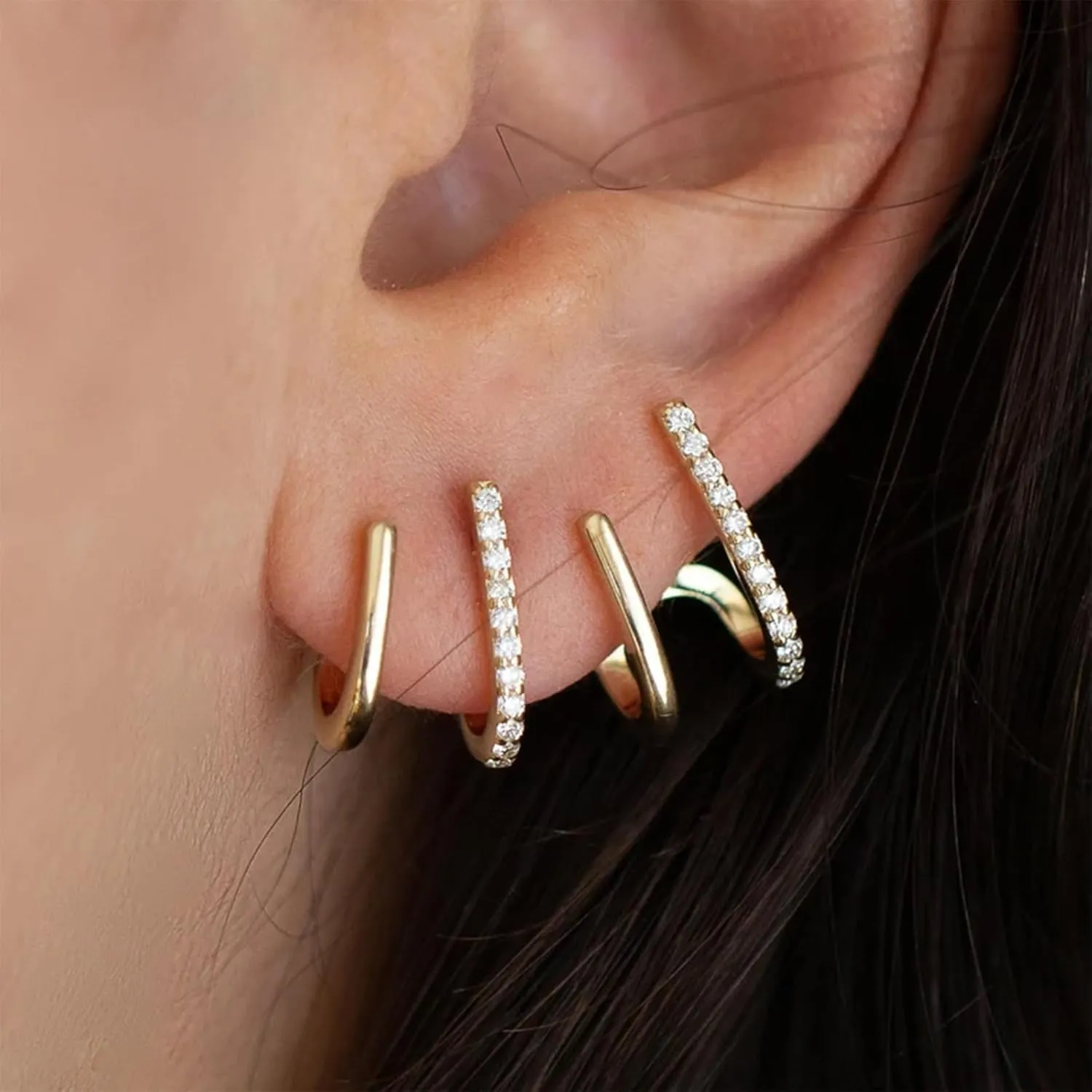 Gold Triple Hoop Illusion Stud Earrings, 14K Chunky Gold Plated Hoop Earrings Cuff Earrings for Women Trendy, Hypoallergenic Earrings Set Jewelry Gift
