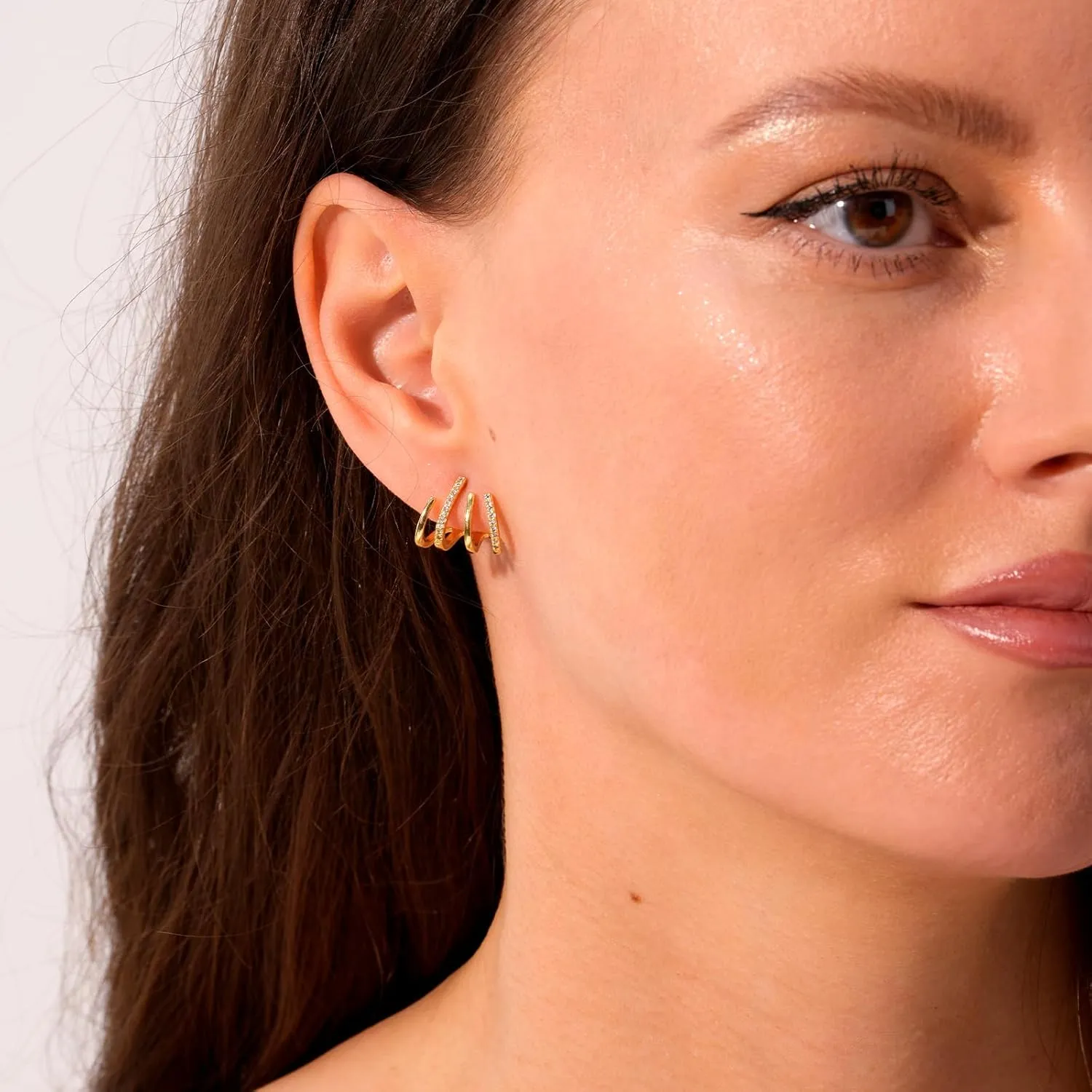 Gold Triple Hoop Illusion Stud Earrings, 14K Chunky Gold Plated Hoop Earrings Cuff Earrings for Women Trendy, Hypoallergenic Earrings Set Jewelry Gift
