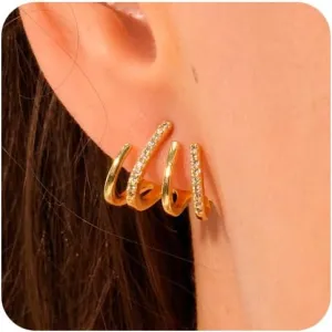Gold Triple Hoop Illusion Stud Earrings, 14K Chunky Gold Plated Hoop Earrings Cuff Earrings for Women Trendy, Hypoallergenic Earrings Set Jewelry Gift