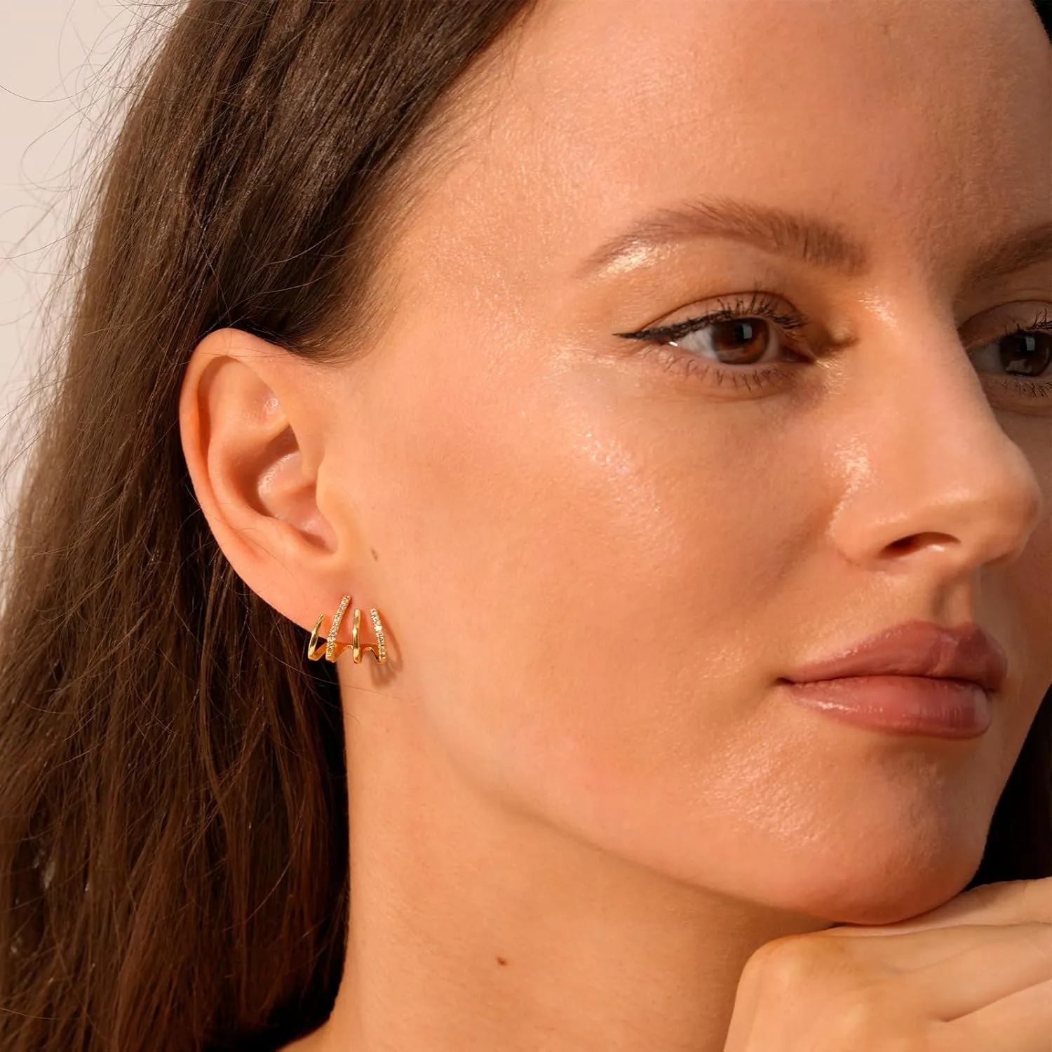 Gold Triple Hoop Illusion Stud Earrings, 14K Chunky Gold Plated Hoop Earrings Cuff Earrings for Women Trendy, Hypoallergenic Earrings Set Jewelry Gift