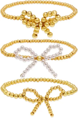 Gold White Beaded Bow Bracelets Set for Women, Trendy 3Pcs Boho Handmade Stretchtable Small Beaded Stackable Friendship Bracelet Prom Holiday Outfit Jewelry Gift.