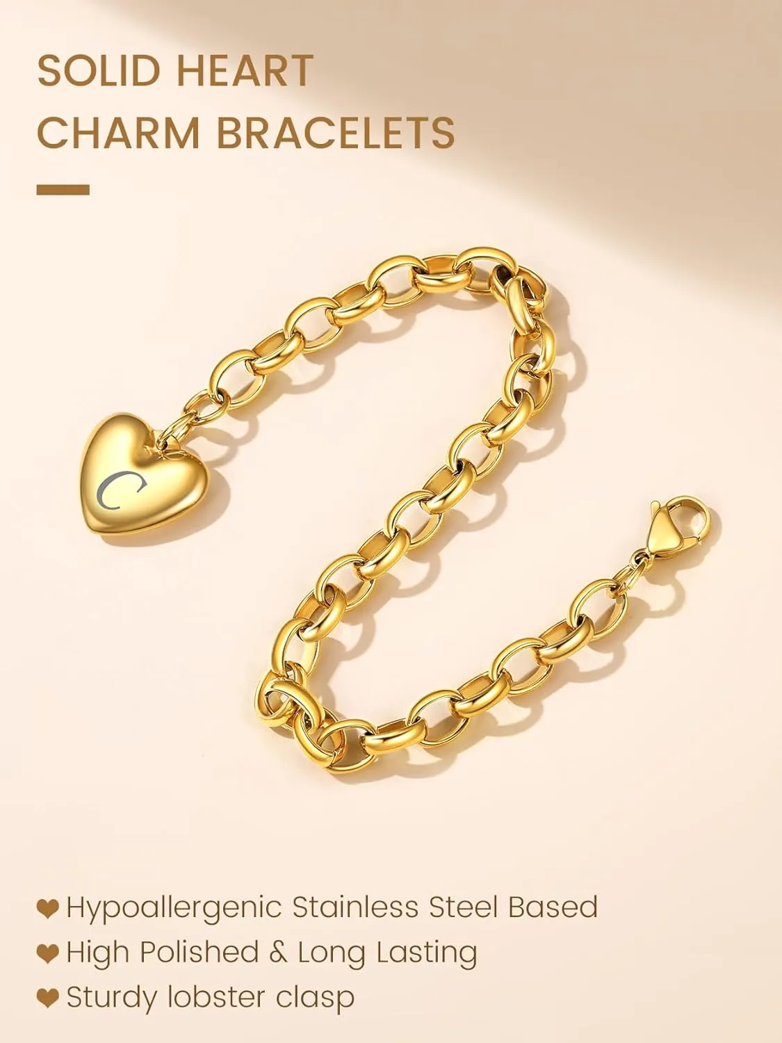 GOLDCHIC JEWELRY Heart Charm Bracelet Adjustable For Women, Stainless Steel Initial Cable Link Letters Mother Daughter Bracelets Jewelry Gifts for Mom (With Box)