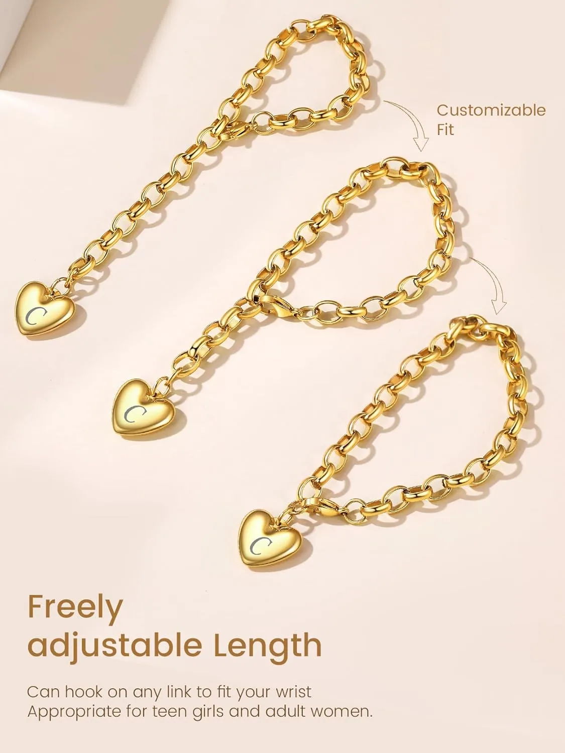 GOLDCHIC JEWELRY Heart Charm Bracelet Adjustable For Women, Stainless Steel Initial Cable Link Letters Mother Daughter Bracelets Jewelry Gifts for Mom (With Box)