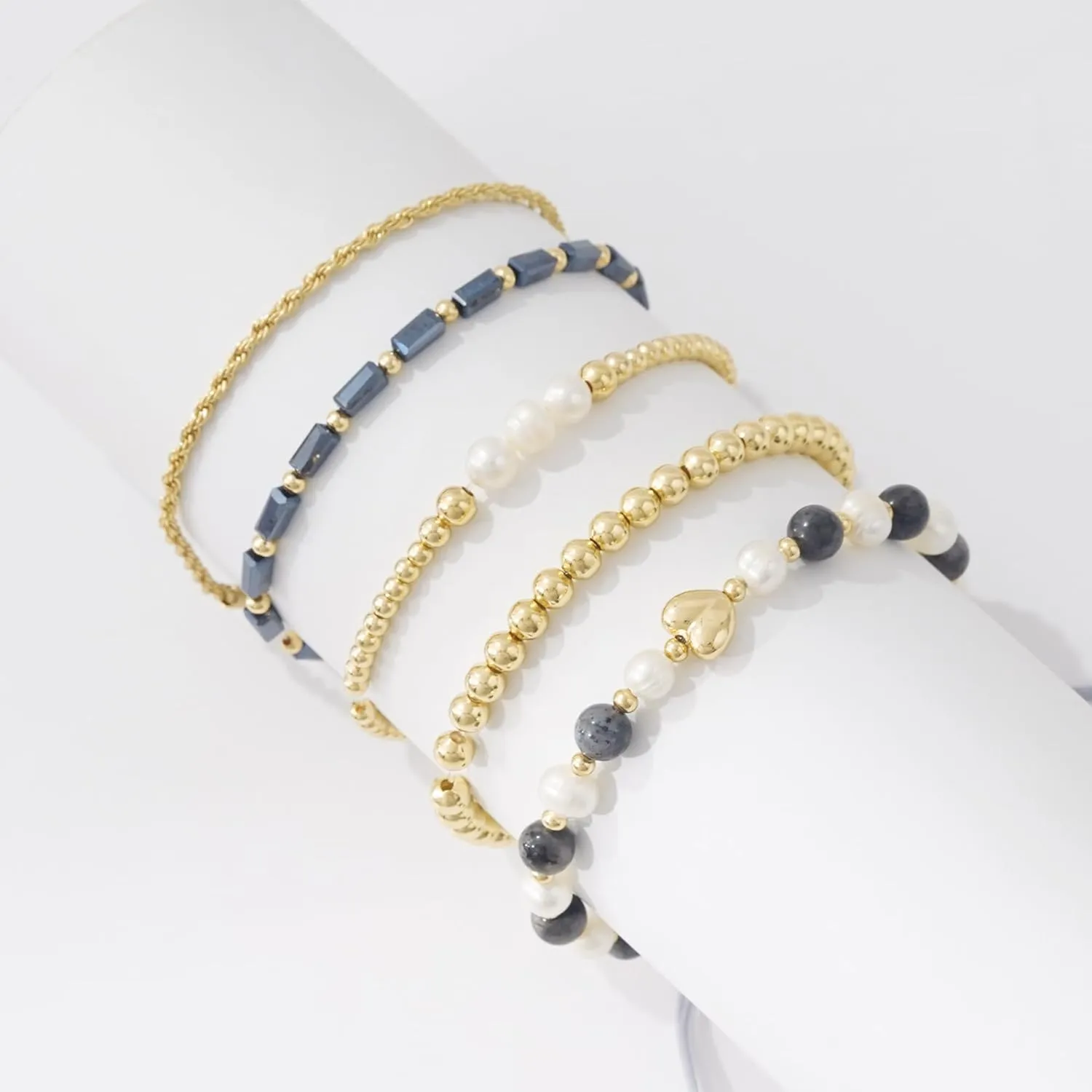 GOOJIDS Tiny Pearl Gold Heart Beaded Bracelets For Women Dainty Gold Plated Pearls Stack Layered Beads Bracelet Gift set for MAMA Birthday Mother's Day