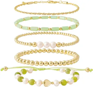GOOJIDS Tiny Pearl Gold Heart Beaded Bracelets For Women Dainty Gold Plated Pearls Stack Layered Beads Bracelet Gift set for MAMA Birthday Mother's Day