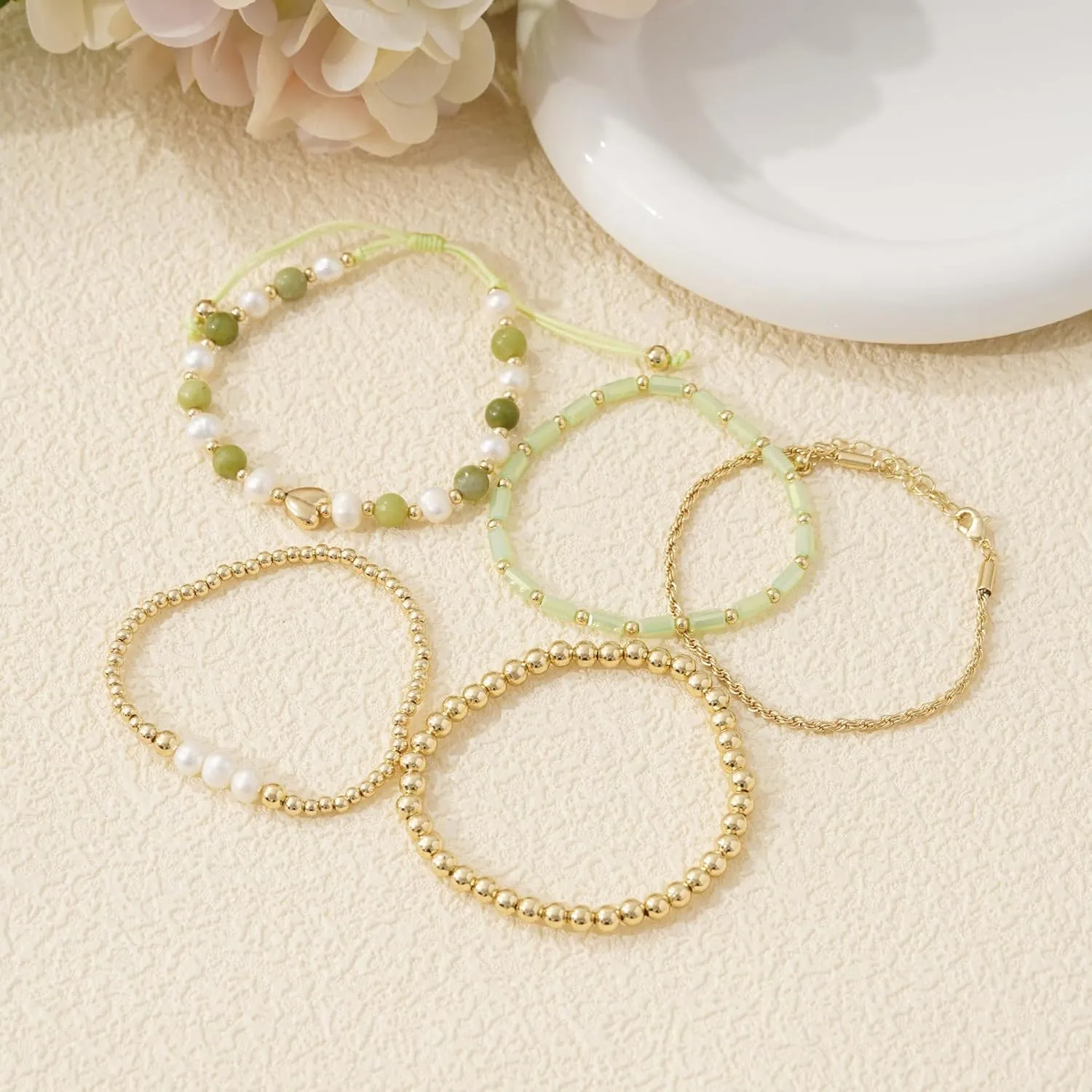 GOOJIDS Tiny Pearl Gold Heart Beaded Bracelets For Women Dainty Gold Plated Pearls Stack Layered Beads Bracelet Gift set for MAMA Birthday Mother's Day