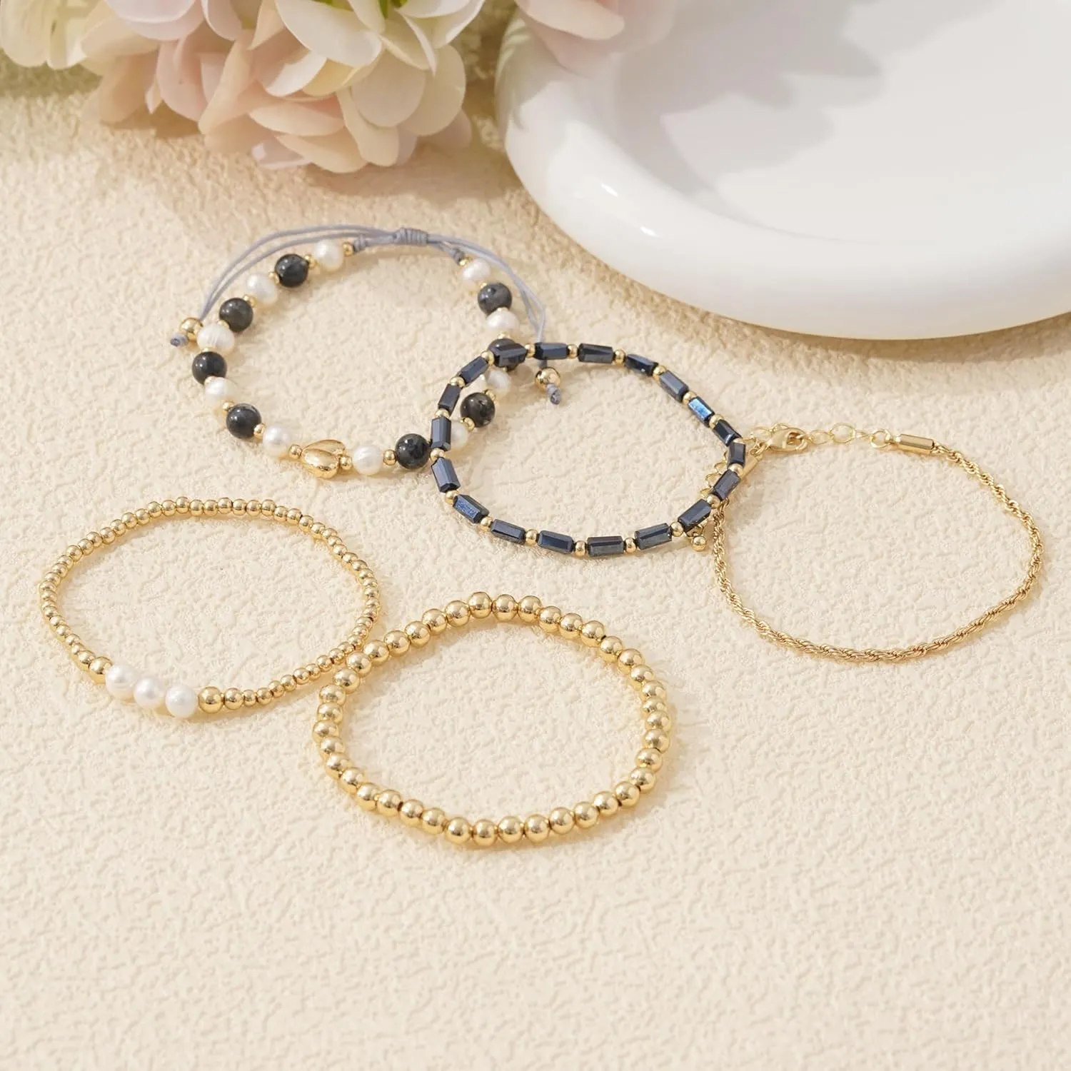 GOOJIDS Tiny Pearl Gold Heart Beaded Bracelets For Women Dainty Gold Plated Pearls Stack Layered Beads Bracelet Gift set for MAMA Birthday Mother's Day