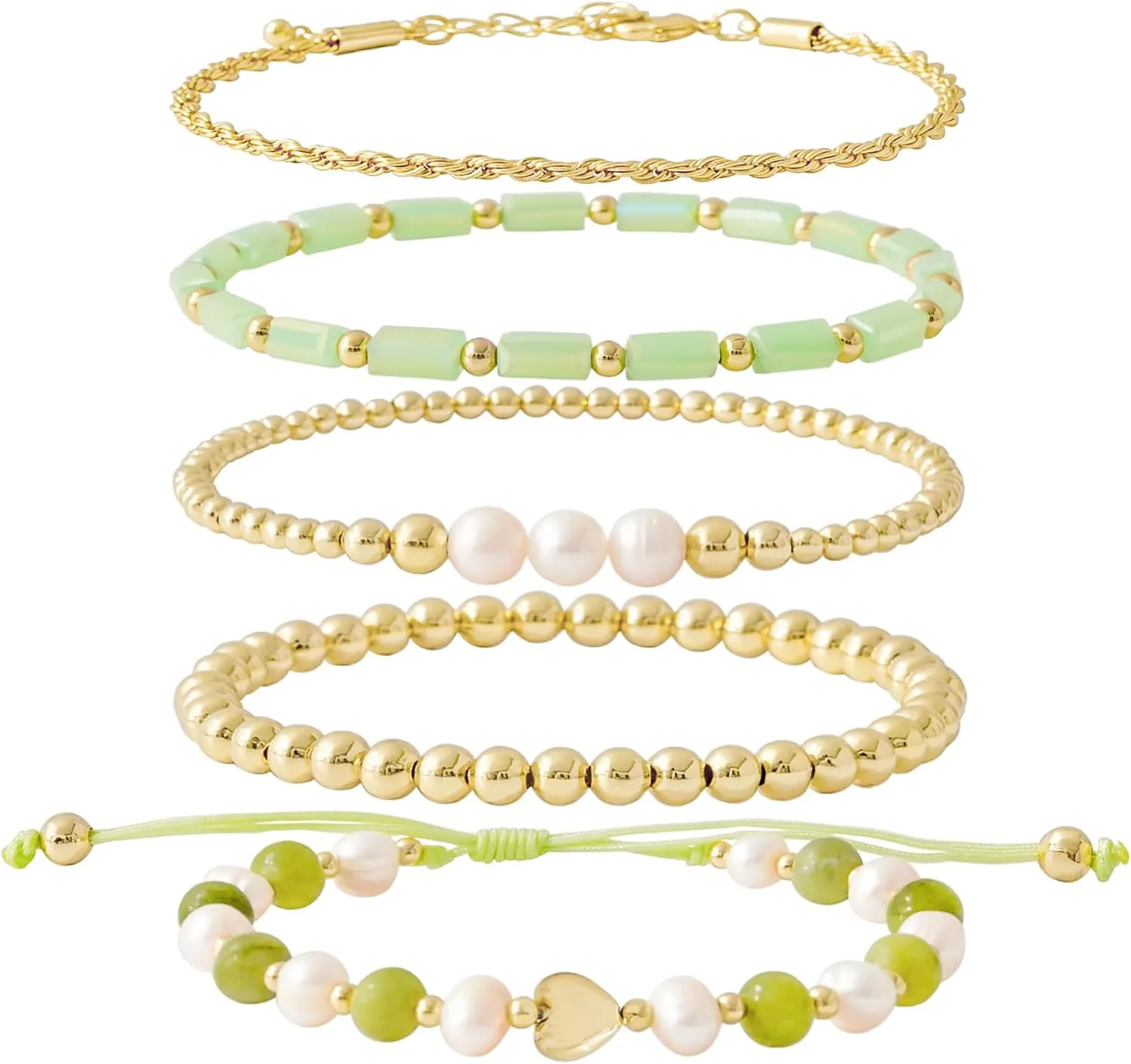 GOOJIDS Tiny Pearl Gold Heart Beaded Bracelets For Women Dainty Gold Plated Pearls Stack Layered Beads Bracelet Gift set for MAMA Birthday Mother's Day