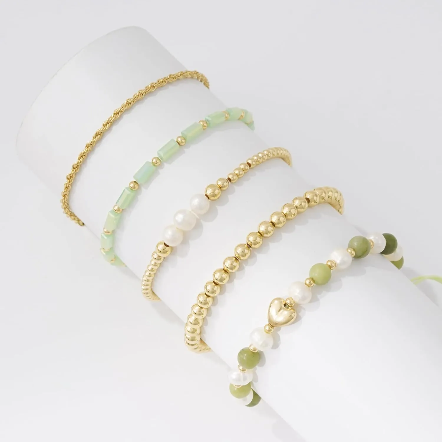 GOOJIDS Tiny Pearl Gold Heart Beaded Bracelets For Women Dainty Gold Plated Pearls Stack Layered Beads Bracelet Gift set for MAMA Birthday Mother's Day