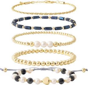 GOOJIDS Tiny Pearl Gold Heart Beaded Bracelets For Women Dainty Gold Plated Pearls Stack Layered Beads Bracelet Gift set for MAMA Birthday Mother's Day